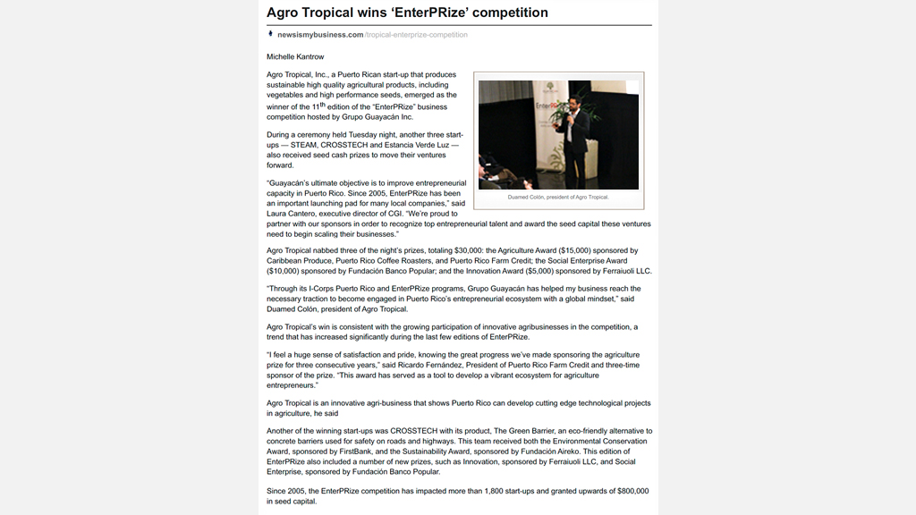 2016. Agro Tropical ganadora de los Premios EnterPRize, edición 11.